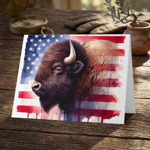 Cartão De Agradecimento Arte Magnífica de Bisonte Americano e Bandeira Pat