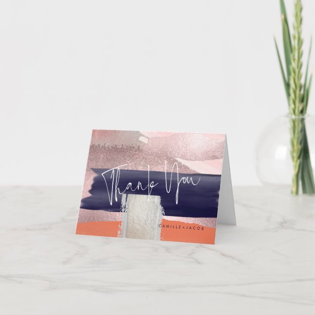 Cartão De Agradecimento Arte Moderna, Marinho Azul+Rosa Dourado Obrigado (Frente)