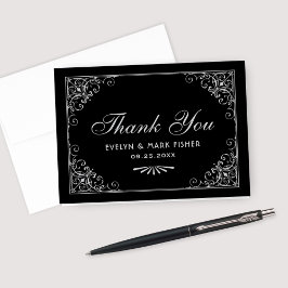 Cartão De Agradecimento Artes Decorativas Pretas e Prateadas com Entalhes