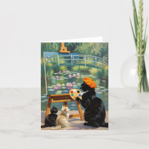Cartão De Agradecimento Artista Gatinho Negro pintando lírios de água mone