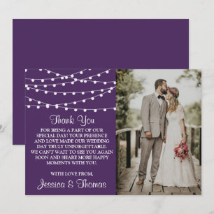 Cartão De Agradecimento As Luzes De Corda Na Coleção De Casamentos Roxos