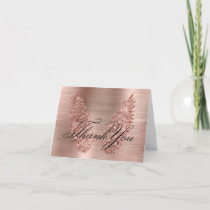 Cartão De Agradecimento Asas com Brilho em Rose Gold e Caligrafia em Folha