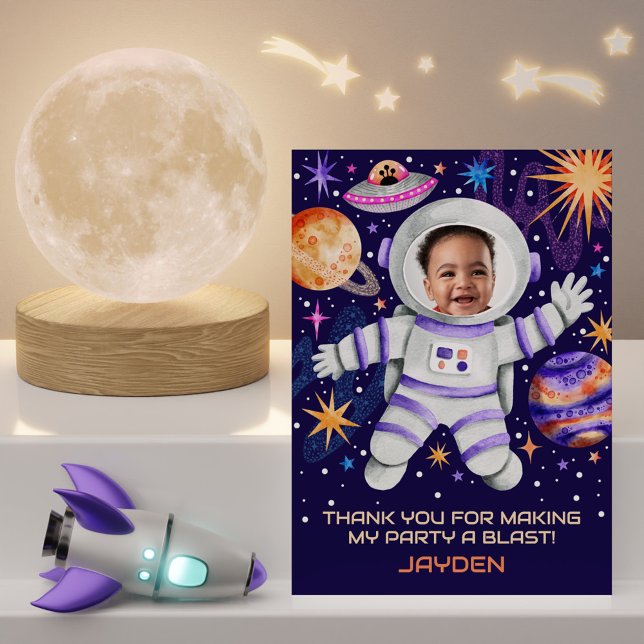 Cartão De Agradecimento Astronauta no Espaço Exterior com Planetas e Foto  (Astronaut in Outer Space with Planets & UFO Photo Thank You Card)