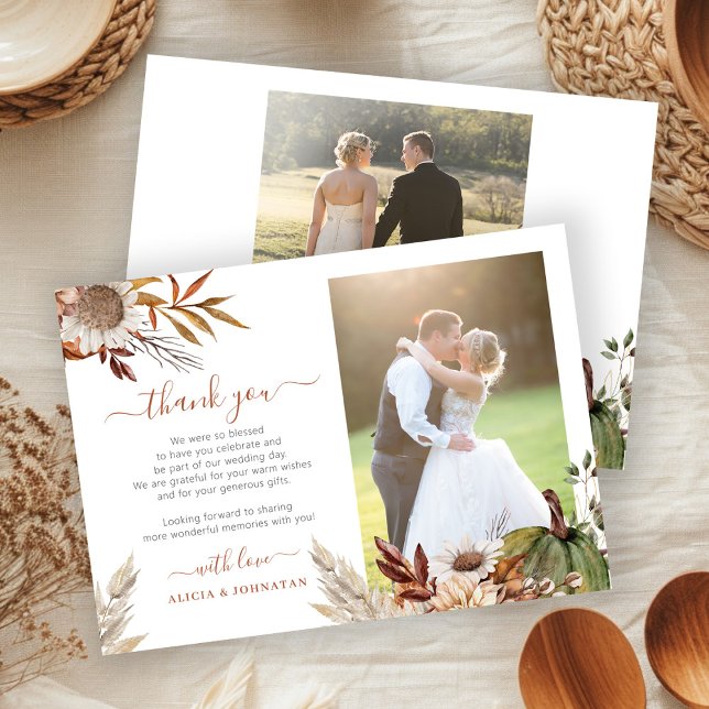 Cartão De Agradecimento Autumn fall botanical rustic photo wedding (Criador carregado)