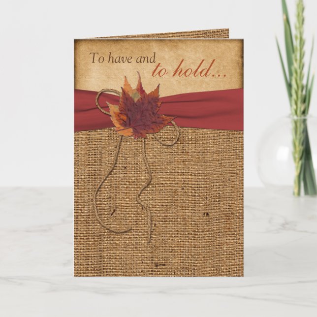 Cartão De Agradecimento Autumn Leaves, FAUX Burlap Foled Wedding Card (Frente)