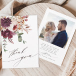 Cartão De Agradecimento Autumn Romance Elegant Floral Wedding Foto<br><div class="desc">Este cartões de agradecimentos de casamento apresenta um buquê de flor de aquarela de dahlia, rosa de jardim, e hydrangea em vermelho-burgundy, marrom, rosa-pincelado sobre folhas de outono com uma foto no verso. Para uma personalização mais avançada deste design, clique no BOTÃO FERRAMENTA DESIGN AZUL. Itens correspondentes também estão disponíveis....</div>