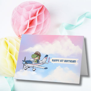 Cartão De Agradecimento Avião Branco Azul Fofo & Primeiro Aniversário de D
