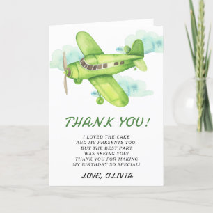 Cartão De Agradecimento Avião verde aquarela aniversário obrigado