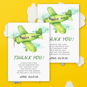 Cartão De Agradecimento Avião verde aquarela aniversário obrigado