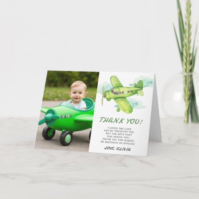 Cartão De Agradecimento Avião verde aquarela aniversário obrigado (Frente)