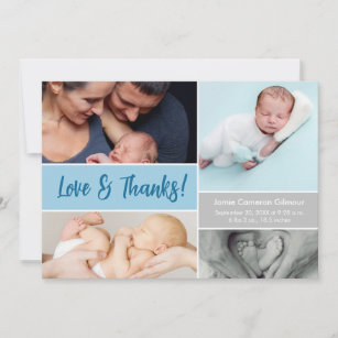 Cartão De Agradecimento Azul Amor e Obrigados Foto Colagem Chá Bebê