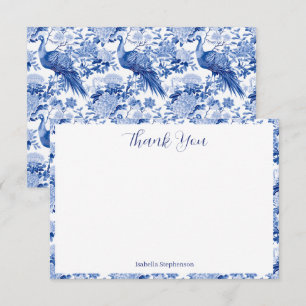 Cartão De Agradecimento Azul Branco Chinoiserie Floral Pavões