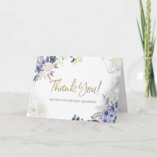 Cartão De Agradecimento Azul Branco Dourado Aquarela Floral Obrigado