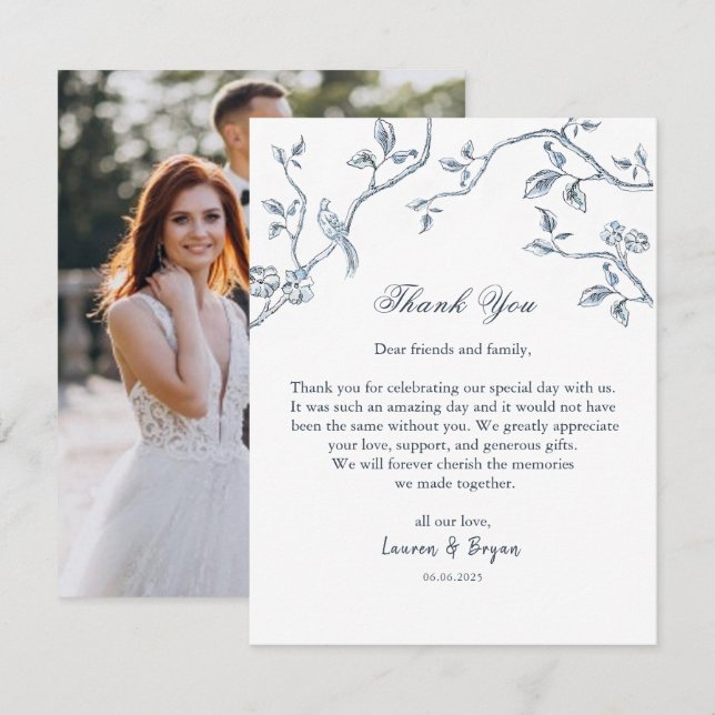 Cartão De Agradecimento Azul e branco Casamento de Toile Francês (Frente/Verso)