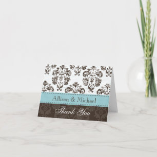 Cartão De Agradecimento Azul e Marrom Damask Casamento Obrigado Não