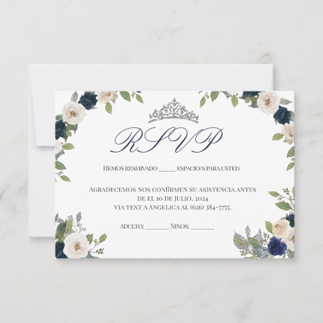 Cartão De Agradecimento Azul e Prata Tiara Floral Quinceañera RSVP (Frente)