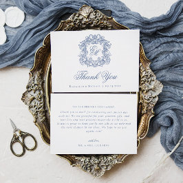 Cartão De Agradecimento Azul Elegante Crista de Monograma Casamento Vintag