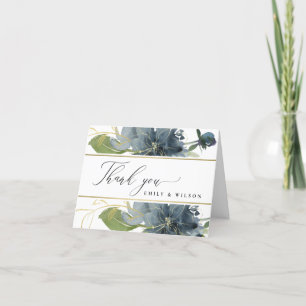 Cartão De Agradecimento AZUL ESCURO Dourado Floral Água-Marinha Casamento