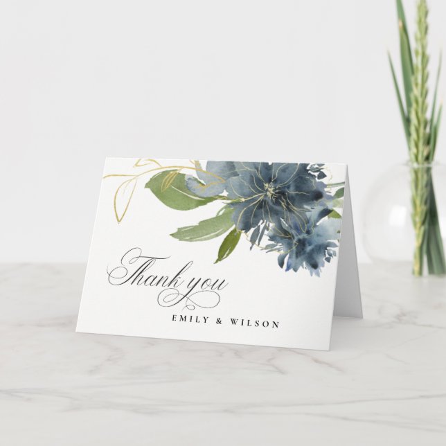 Cartão De Agradecimento AZUL ESCURO Dourado Floral Água-Marinha Casamento  (Frente)