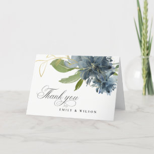 Cartão De Agradecimento AZUL ESCURO OURO VERDE FLORAL Aquarela CASAMENTO