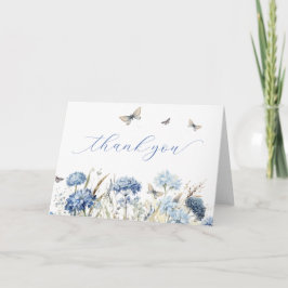 Cartão De Agradecimento Azul Florais & Borboletas Caligrafia Obrigado