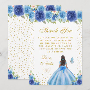 Cartão De Agradecimento Azul Floral Dark Skin Princesa Sweet Sixteen