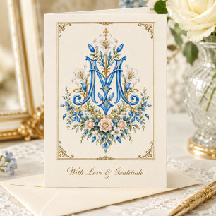 Cartão De Agradecimento Azul Floral Monograma Mariano Católico 