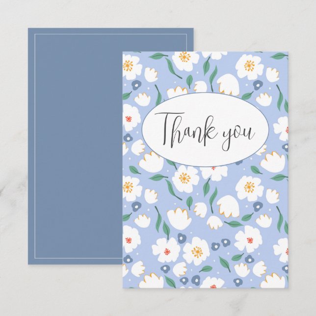 Cartão de Agradecimento Azul Floral Plano (Frente/Verso)
