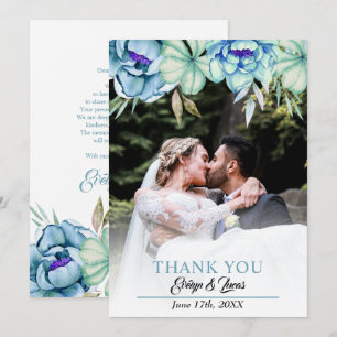 Cartão De Agradecimento Azul, flores em aquarela verde menta floral casame