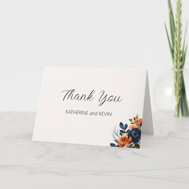 Cartão De Agradecimento Azul-Marinho azul queimado Laranja-Cor Floral (Frente)