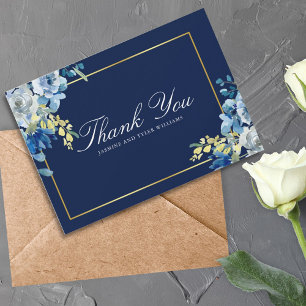 Cartão De Agradecimento Azul Marinho Dourado Floral Elegante Escrito Branc