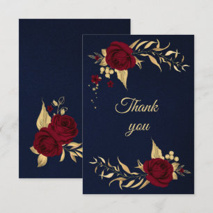 Cartão De Agradecimento azul-marinho floral de ouro burgundy