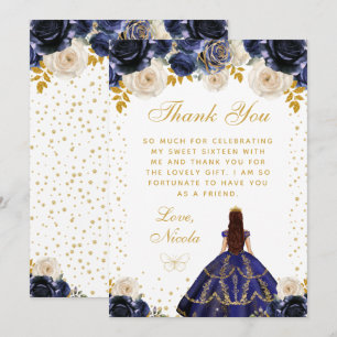 Cartão De Agradecimento Azul Marinho Floral Princesa Quinceañera