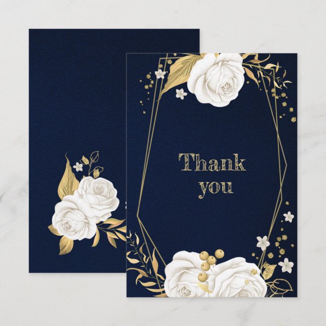 Cartão De Agradecimento azul-marinho geométrico branco dourado (Frente/Verso)