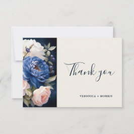 Cartão De Agradecimento Azul Marinho & Rosa Floral Casamento 