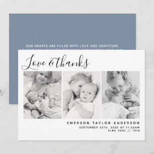 Cartão De Agradecimento Azul Moderno Três Fotos Novo Bebê