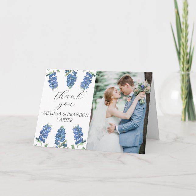 Cartão De Agradecimento Azul poeirento Floral Foto Casamento Obrigado  (Frente)