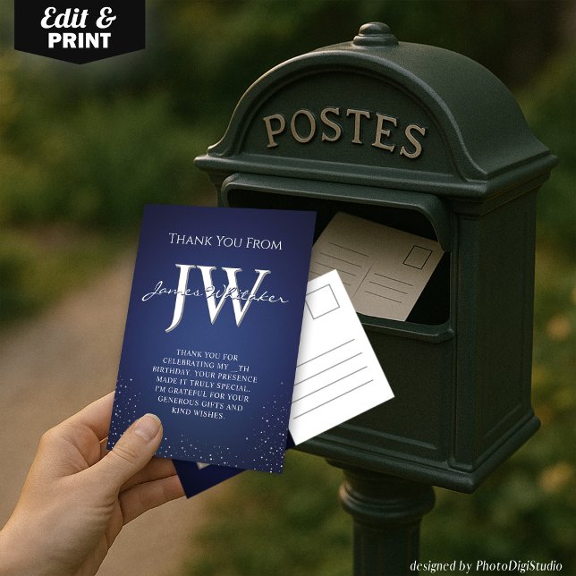 Cartão de Agradecimento Azul Prateado com Iniciais (Custom Initials Elegant Blue Silver Thank You Card)