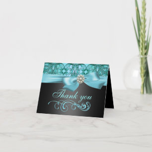 Cartão de Agradecimento Azul/Preto Damask & Laço