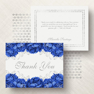 Cartão De Agradecimento Azul Real Elegante Quinceanera Floral