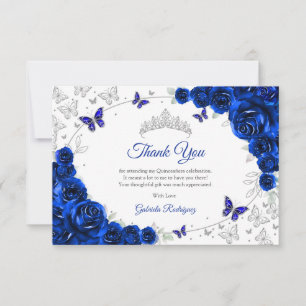 Cartão De Agradecimento Azul Real Floral de Prata Quinceanera