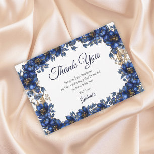 Cartão De Agradecimento Azul Real Floral Tiara Quinceañera Dourada