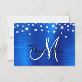 Cartão De Agradecimento Azul Real Monograma de Confete com Rhinestone e Fo