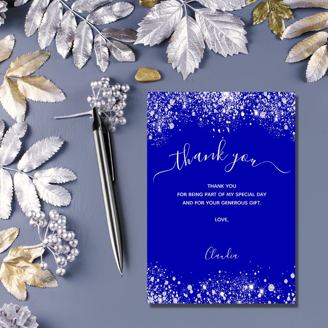 Cartão De Agradecimento Azul real prata brilho faíscas script (Criador carregado)