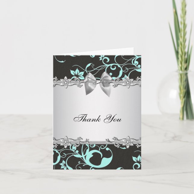 Cartão de Agradecimento Azul Teal Preto Damask Pra (Frente)