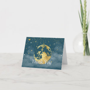 Cartão De Agradecimento Azul Teal Sobre a Lua e Estrelas Celestial Dourado