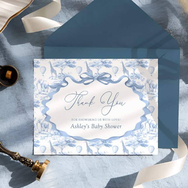 Cartão De Agradecimento Azul Toile Safari Animais Chá de fraldas Obrigado (Criador carregado)