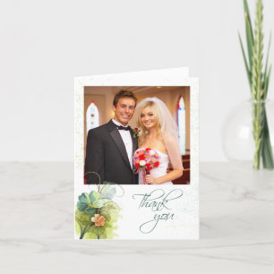 Cartão De Agradecimento Azul verde turquesa + floral de pêssego casamento 