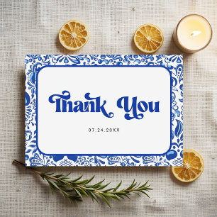Cartão De Agradecimento Azulejo Azul Italiano Retro Chá de Bebê de Noiva