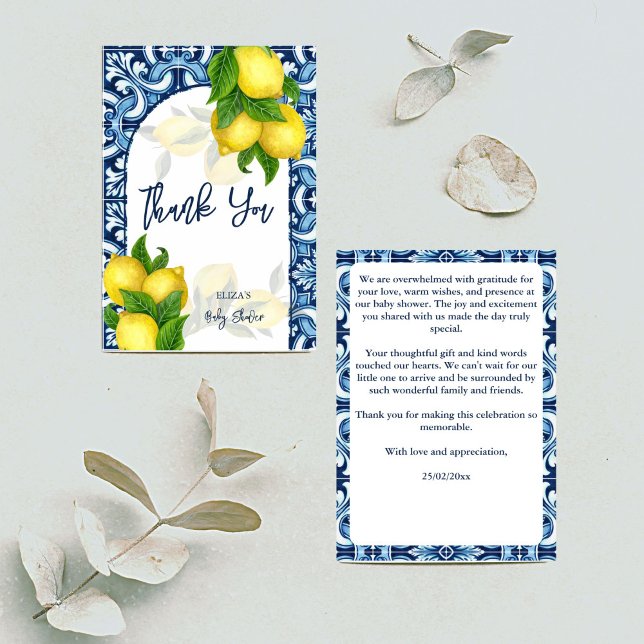 Cartão De Agradecimento Azulejos azuis e chá de fraldas de limão Amalfi Po (Blue tiles and lemon Amalfi Positano baby shower Thank You Card Mediterranean themed thank you cards)